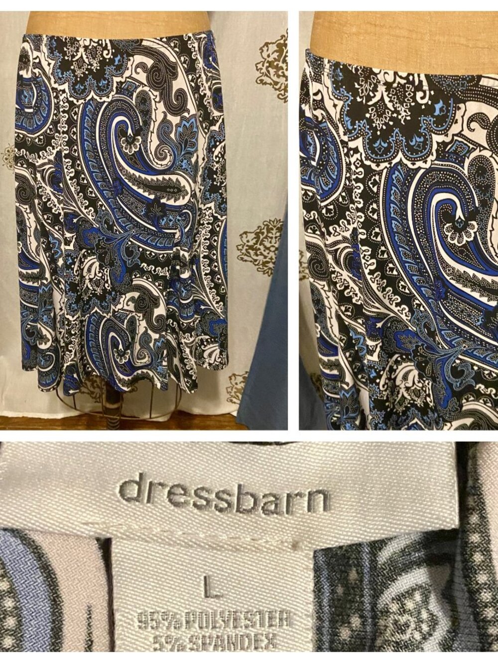 Vintage DRESS BARN Blue Paisley Swing Skirt Bohemian Cottagecore Y2K Academia L